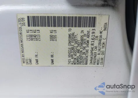 2010 Nissan Maxima 3.5 Sv z USA, uszkodzony, nr VIN 1N4AA5AP6AC816193